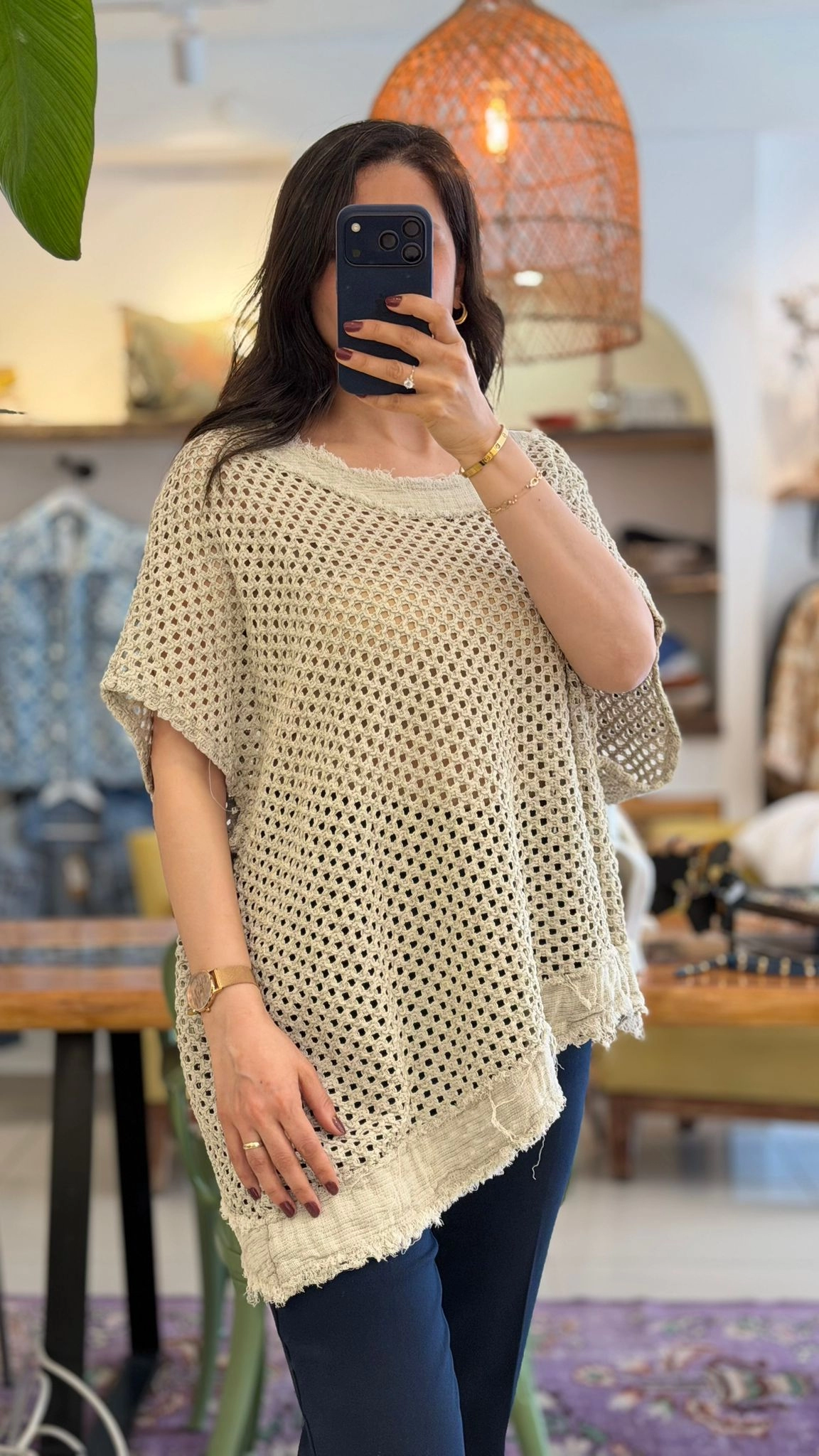 TAŞ RENGİ 100% PAMUK DELİKLİ ASİMETRİK İTALYAN BLUZ 