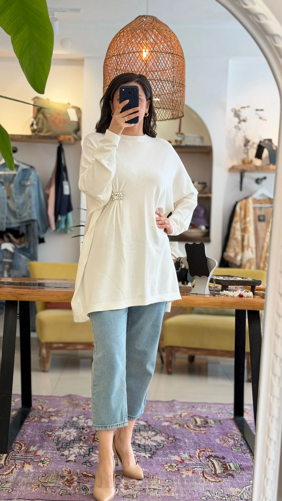 ÖNÜ TAŞLI TUNİK KAZAK-KREM-L/XL